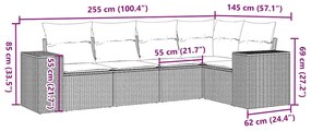 5 pcs conj. sofás jardim c/ almofadões vime PE cinzento-claro
