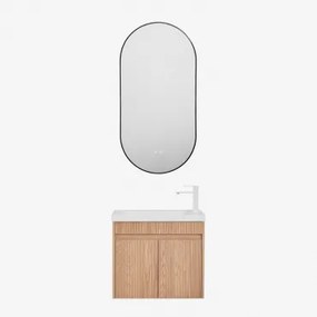 Conjunto De Móvel De Casa De Banho Suspenso Em Madeira Com Lavatório Integrado Narek Castanho Fresno & Ovale Led E Antifog Preto 50x100 Cm Asteiro & &