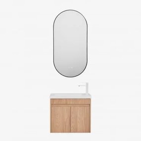 Conjunto De Móvel De Casa De Banho Suspenso Em Madeira Com Lavatório Integrado Narek Castanho Fresno & Ovale Led E Antifog Preto 50x100 Cm - Sklum