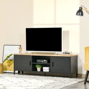 Móvel de TV 150 x 40 x 50 cm para televisores de 55'' com 2 armários, pés ajustáveis, preto e tampo em cor natural