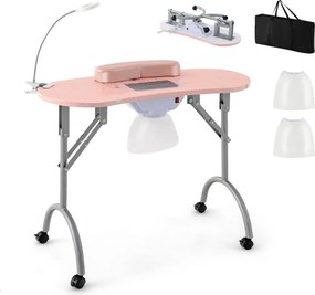 Mesa de manicure portátil 90 x 43 x 73 cm com ventilador elétrico de aspiração, lâmpada LED flexível e saco de pó com rodas bloqueáveis rosa