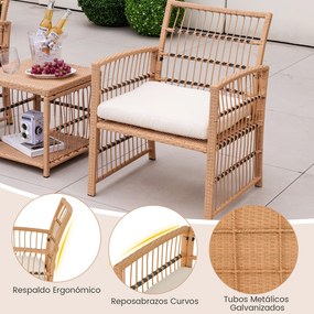 Conjunto de jardim exterior de 5 peças: mesa e cadeiras de rattan PE com almofadas macias, mesa de centro de 2 níveis e 2 Pufes, cor natural e almofad