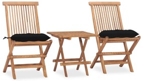 vidaXL 3 pcs conj. jantar dobrável exterior c/ almofadão teca maciça