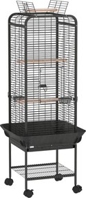 PawHut Gaiola Passaros com Rodas Poleiros Comedouros Prateleira e Bandeja Amovível 62,5x62,5x146 cm Cinza Escuro | Aosom Portugal