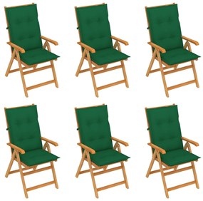 Cadeiras de jardim c/ almofadões verdes 6 pcs teca maciça