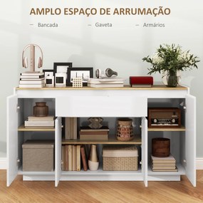 Aparador de Sala de Estar com 4 Portas Gaveta e Prateleiras Ajustáveis 140x40x75 cm Madeira e Branco Brilhante
