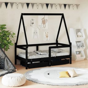 vidaXL Estrutura cama infantil c/ gavetas 70x140 cm pinho maciço preto