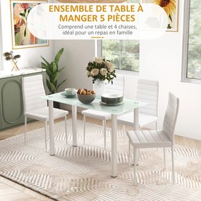 Conjunto de mesa de jantar com 4 cadeiras, tampo em vidro temperado, pés em aço, para cozinha e sala de estar, branco