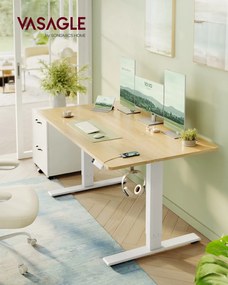 Secretária elétrica 140 x 80 x (72-120) cm com altura ajustável, porta USB e função de memória, bege e branca