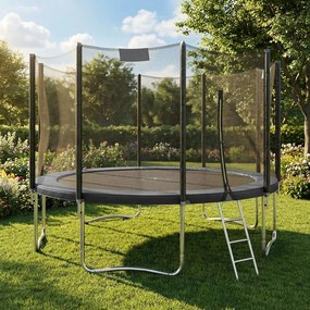Trampolim de 427 cm com rede de segurança e varas retas e escada, preto