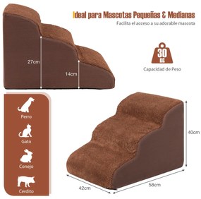 Rampa de espuma para cães de 3 níveis com cobertura lavável para sofás-cama altos 58 x 42 x 40 cm Castanho