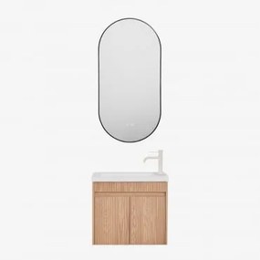 Conjunto De Móvel De Casa De Banho Suspenso Em Madeira Com Lavatório Integrado Narek Castanho Fresno & Ovale Led E Antifog Preto 50x100 Cm - Sklum