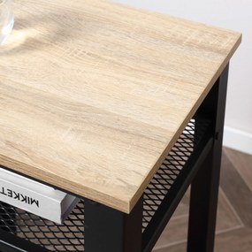 Mesa Auxiliar Mesa de Cabeceira Estilo Industrial com 2 Prateleiras de Grade de Metal e Pés Ajustáveis 45x35x75cm Carvalho e Branco