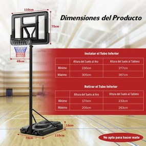 Cesto de basquetebol de 12 níveis 232-305 cm para adultos com rodas Inquebrável Preto