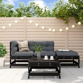 vidaXL 4pcs conjunto lounge jardim c/ almofadões madeira maciça preto