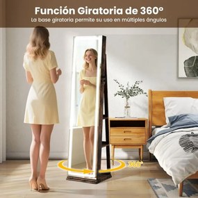 Armário giratório para joias 360° com espelho de corpo inteiro 43 x 38 x 160 cm iluminado e prateleiras traseiras 3 caixas Castanho