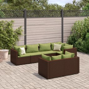 7 pcs conjunto lounge de jardim c/ almofadões vime PE castanho