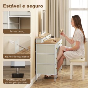 Toucador com Luzes LED de 3 Cores Espelho 10 Gavetas de Tecido e Pés em Aço 118,5x39,5x140 cm cor madeira, cinzento e dourado