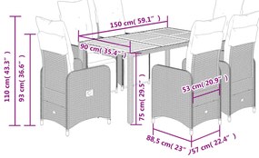 7 pcs conjunto de bistrô p/ jardim c/ almofadões vime PE preto