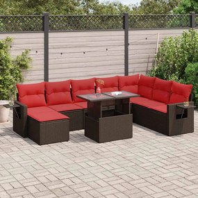 9 pcs conj. sofás jardim c/ almofadões vime PE/acácia castanho