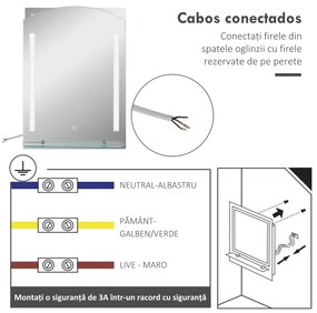 Espelho Casa de Banho com Luzes LED 70x50 cm Interruptor Tátil Iluminação Ajustável Função de Memória e Prateleira de Vidro Prata