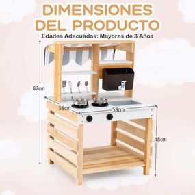 Cozinha para brincar de madeira 2 em 1 58 x 56 x 87 cm com tampa, pia removível, caixa de água e torneira, 6 acessórios de cozinha, natural e branco