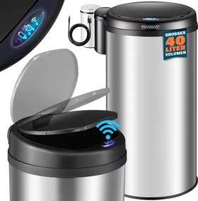 Caixote do lixo em aço inoxidável com sensor e até 40 L, Ø30 x 69 cm Prateado