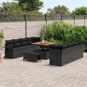 Conjunto de Sofá de Jardim vidaXL 11 Peças com Almofadas Preto Vime Po
