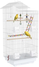 PawHut Gaiola para Passáros de Metal com Portas 4 Comedouros 3 Poleiros Baloiço Escadas e Bandeja Removível 46x36x100 cm Branco | Aosom Portugal
