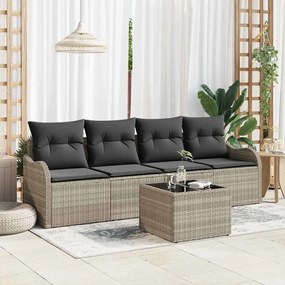 Conjunto de 5 Peças de Sofá de Jardim com Almofadas Cinzento-Claro Rattan Sintético