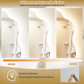 Espelho de casa de banho LED assimétrico com 3 luzes 70 x 50 x 3,5 cm, intensidade regulável, função antiembaciamento e vidro temperado prateado