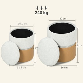 Conjunto de 2 Puffs de Armazenamento Estofados em Chenille e PU Assento Acolchoado para Entrada Quarto ou Sala Castanho e Creme