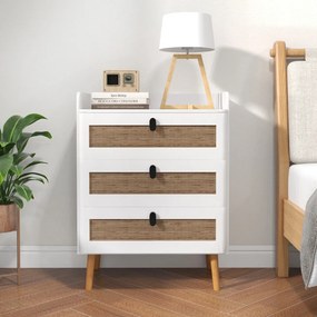 Mesa de cabeceira com 3 gavetas decoradas em rattan Pernas de madeira 60 x 40 x 75 cm Branco