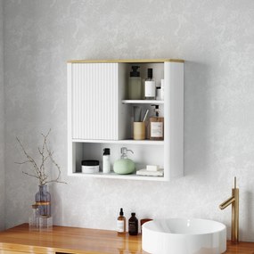 Armário de Parede para Casa de Banho com Porta Deslizante 5 Compartimentos e Prateleiras Ajustáveis 60x20x62 cm Branco