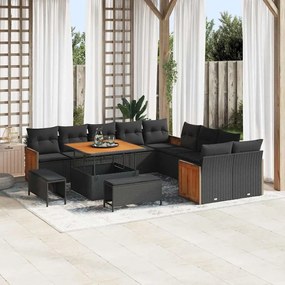 Conjunto de Sofás de Jardim de 13 Peças com Almofadas Preto Polyrattan Acácia