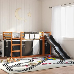 vidaXL Beliche com escorrega e cortinas 90x200 cm branco e preto