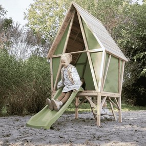 Casa brincar madeira para exterior Yuki 300 com escorrega verde e natural
