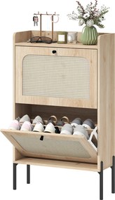 Sapateira com capacidade para 12 pares, 60 x 23,7 x 99,5 cm, 2 gavetas rebatíveis, portas em rattan e prateleiras ajustáveis, cor carvalho