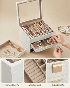Caixa para joias de 4 níveis com tampa de vidro 20,3 x 23,1 x 16,5 cm Ideia para presente Branco-nuvem e dourado