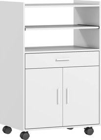 HOMCOM Armário para micro-ondas, Prateleira, Armário de duas portas, Gaveta, Rodízios, Branco | Aosom Portugal