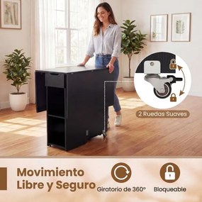 Mesa de jantar extensível 120 x 72 x 75 cm com 2 rodas; mesa de cozinha dobrável com prateleira, gaveta de 2 compartimentos e abas rebatíveis Preta