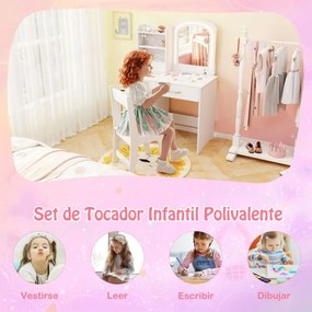 Conjunto de Toucador para Crianças com Espelho Iluminado para Princesas com Luzes Branco