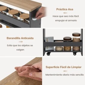 Carrinho de cozinha estreito 47,5 x 20 x 80,5 cm de 4 níveis com rodas com pega e estantes abertas para espaços pequenos Cinzento