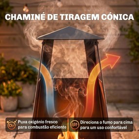 Braseiro de Exterior com Chaminé Cónica 41x40,5x97 cm em Aço Carbono com Malha de Proteção para Pátio e Terraço Preto