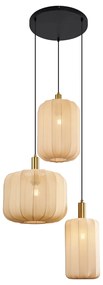 Candeeiro suspenso Japandi preto e dourado com abajur bege 3-luzes - Pluni Japandi