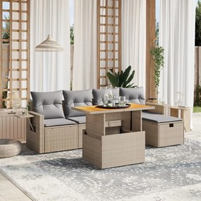 6 pcs conjunto de sofás p/ jardim com almofadões vime PE bege