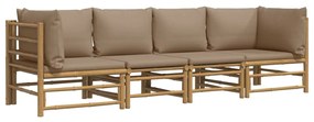 4 pcs conj. lounge jardim bambu c/ almofadões cinza-acastanhado