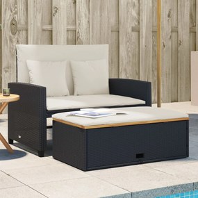 vidaXL Sofá jardim c/ almofadões 2 lugares vime PE/acácia maciça preto