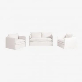 Conjunto De Sala De Estar Com Sofá De 2 Lugares E 2 Poltronas Em Linho E Algodão Grace Tecido Branco Quebrado - Sklum