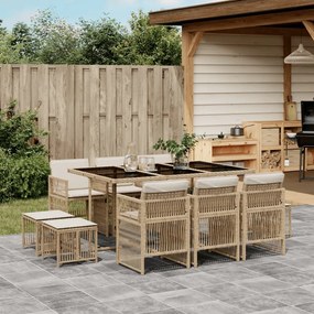 11 pcs conjunto de jantar p/ jardim com almofadões vime PE bege